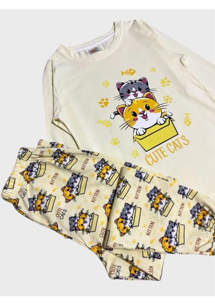 Kız Çocuk Pamuklu Sarı Kedi Desenli Mevsimlik Uzun Kollu Pijama Takımı fiyatları