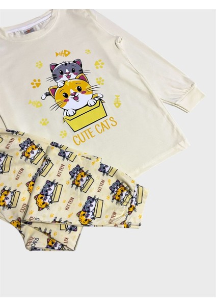 Kız Çocuk Pamuklu Sarı Kedi Desenli Mevsimlik Uzun Kollu Pijama Takımı modelleri
