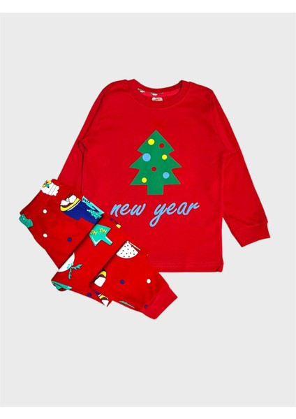 Erkek Çocuk %100 Pamuklu Kırmızı Çam Yılbaşı Desenli Uzun Kollu Pijama Takımı