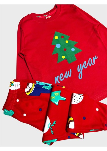 Erkek Çocuk %100 Pamuklu Kırmızı Çam Yılbaşı Desenli Uzun Kollu Pijama Takımı fiyatları