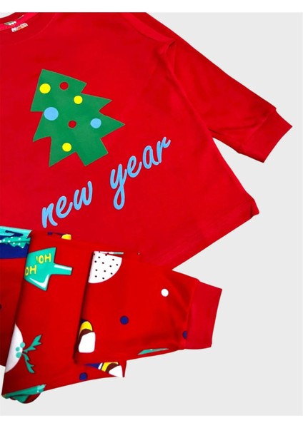 Erkek Çocuk %100 Pamuklu Kırmızı Çam Yılbaşı Desenli Uzun Kollu Pijama Takımı modelleri