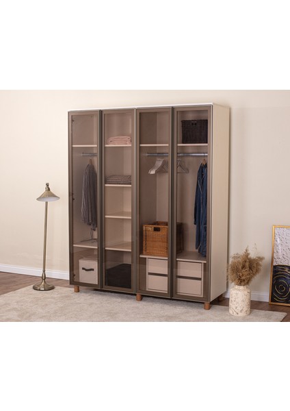 İtra 5 Kapaklı Gardırop – Krem Gövde, Cam Kapaklı