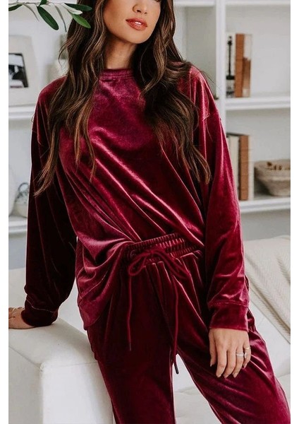 Aknbutik Kadın Uzun Kollu Yuvarlak Yakalı Kadife Bluz ve Pantolon Takım fiyatları