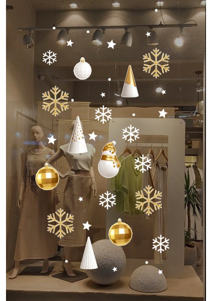 Gold Altın Rengi Balonlar Kar Taneleri Yılbaşı Vitrin Süslemeleri Sticker Yılbaşı Cam Kapı Sticker fırsatları