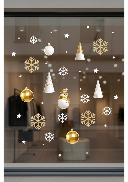 Gold Altın Rengi Balonlar Kar Taneleri Yılbaşı Vitrin Süslemeleri Sticker Yılbaşı Cam Kapı Sticker indirimleri