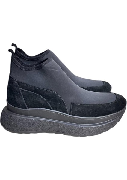 Siyah Hakiki Deri Süet Strech Yüzlü Bilekte Sneaker