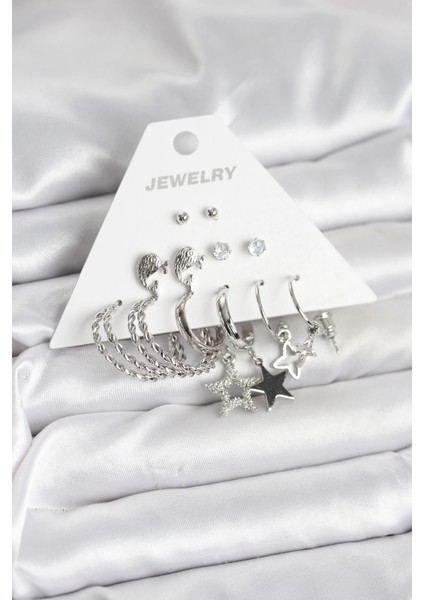 Pirinç Gümüş Renk 6'lı Kadın Küpe Seti