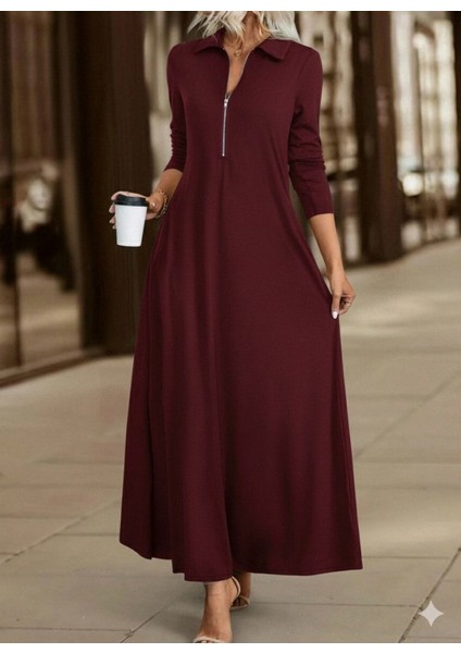 Kadın Uzun Kollu Yakalı Önden Fermuarlı Uzun Viskon Iki Iplik Elbise