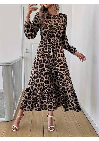 Uzun Kollu Bisiklet Yaka Leopar Desenli Midi Süprem Elbise fırsatları