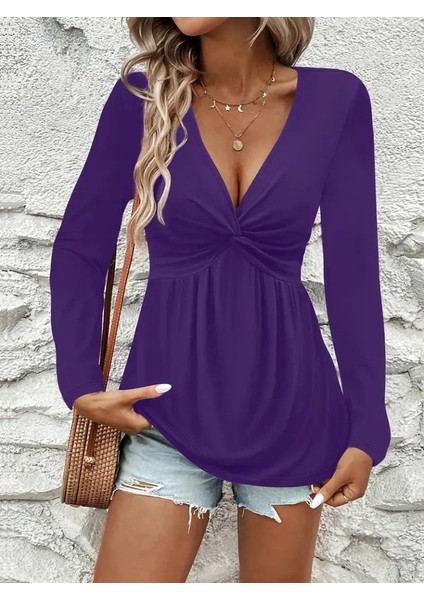 Kadın Uzun Kollu Dekolteli Sarmal Detaylı Viskon Bluz