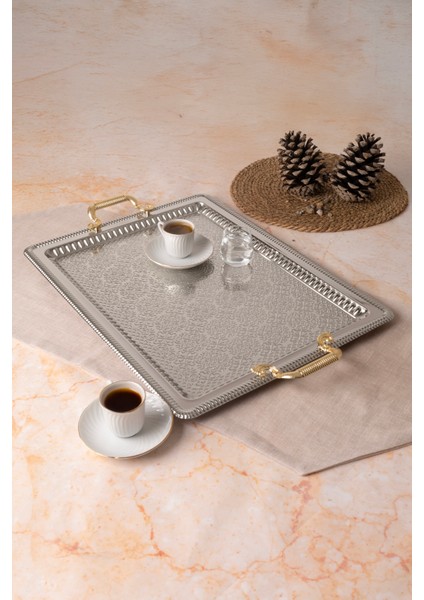 Metal Gümüş & Gold Battal Boy Tepsi Seti – Zarif Desenli Servis ve Sunum Tepsisi, Kararmaz & Solmaz