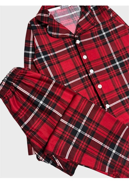 Erkek Çocuk Pamuklu Süet Kumaş Kırmızı Ekose Desenli Gömlek Yaka Düğmeli Pijama Takımı modelleri