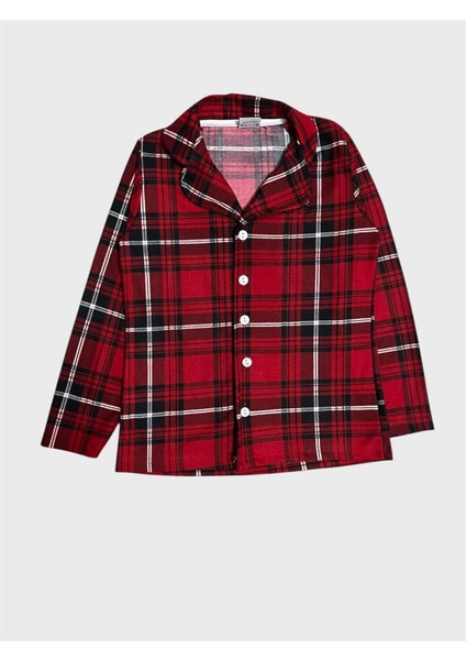 Erkek Çocuk Pamuklu Süet Kumaş Kırmızı Ekose Desenli Gömlek Yaka Düğmeli Pijama Takımı indirimleri