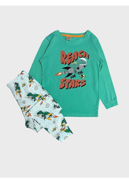 Erkek Çocuk Pamuklu Yeşil Beyaz Dinozor Desenli Mevsimlik Uzun Kollu Pijama Takımı