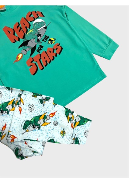Erkek Çocuk Pamuklu Yeşil Beyaz Dinozor Desenli Mevsimlik Uzun Kollu Pijama Takımı fiyatları