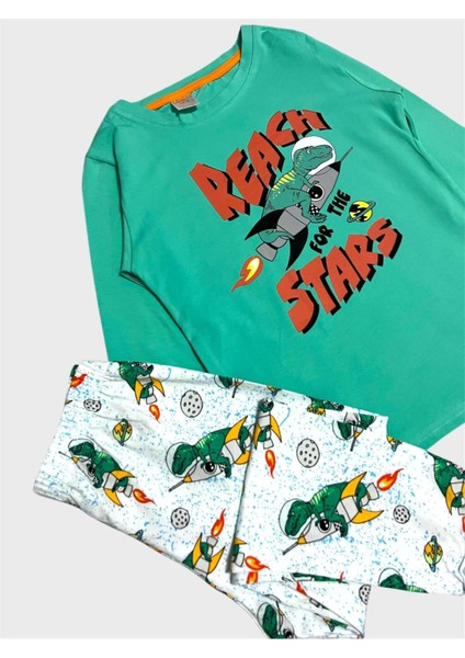 Erkek Çocuk Pamuklu Yeşil Beyaz Dinozor Desenli Mevsimlik Uzun Kollu Pijama Takımı modelleri