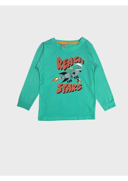 Erkek Çocuk Pamuklu Yeşil Beyaz Dinozor Desenli Mevsimlik Uzun Kollu Pijama Takımı fırsatları