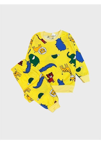 Erkek Çocuk Pamuklu Şardonlu Sarı Safari Desenli Uzun Kollu Kışlık Pijama Takımı