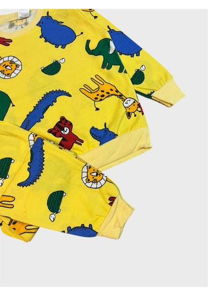 Erkek Çocuk Pamuklu Şardonlu Sarı Safari Desenli Uzun Kollu Kışlık Pijama Takımı fiyatları