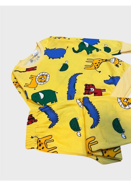 Erkek Çocuk Pamuklu Şardonlu Sarı Safari Desenli Uzun Kollu Kışlık Pijama Takımı modelleri