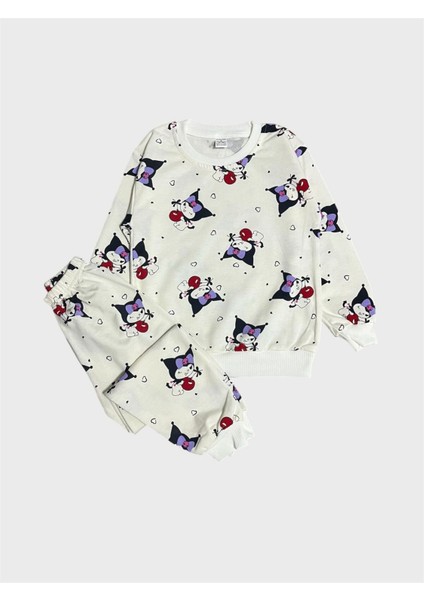 Kız Çocuk Pamuklu Beyaz Kuromi Desenli Uzun Kollu Mevsimlik Pijama Takımı