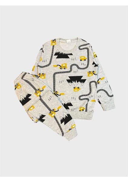 Erkek Çocuk Pamuklu Şardonlu Gri Yol Desenli Uzun Kollu Kışlık Pijama Takımı