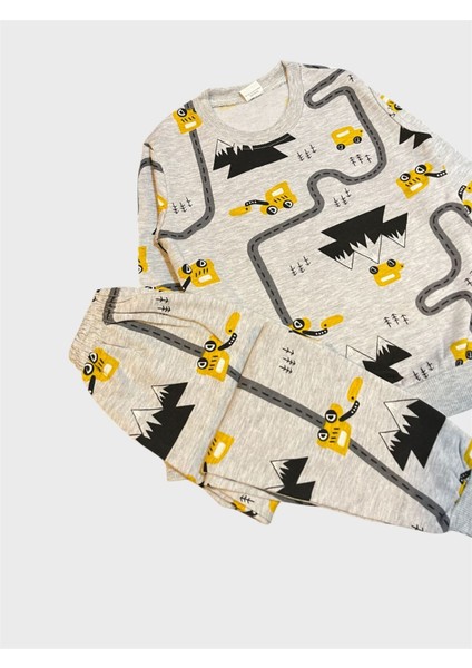 Erkek Çocuk Pamuklu Şardonlu Gri Yol Desenli Uzun Kollu Kışlık Pijama Takımı modelleri