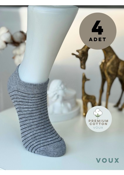 Pamuklu Çizgili Gri Kadın Sneaker Çorap 4 'lü