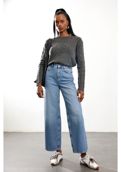 Mavi Yüksek Bel Wide Leg Jean