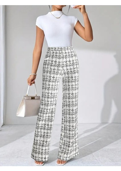 Kadın Yüksek Bel Paçaya Doğru Geniş Dokuma Pantolon modelleri