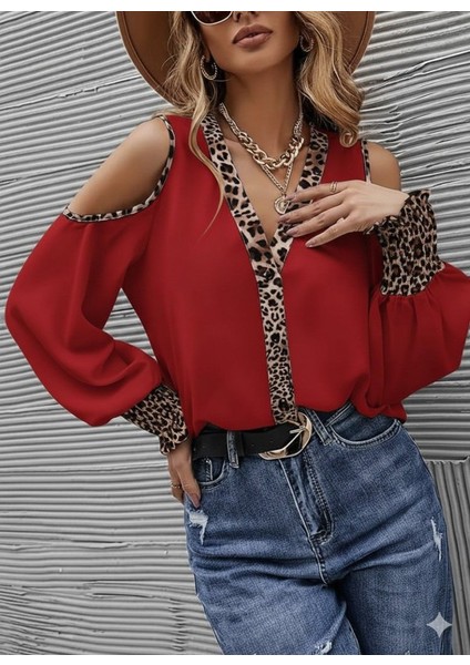Aknbutik Kadın Omuzlardan Açık Yakalı Önden Düğmeli Leopar Detaylı Sandy Bluz fiyatları