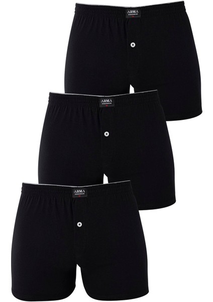 Erkek Siyah Düğmeli Boxer 3'lü Paket %100 Pamuklu Penye
