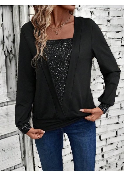 Eyesof Kadın Uzun Kollu V Yakalı Içi Süprem Desenli Dışı Viskon Bluz