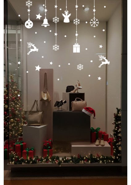 Sevimli Yıldızlar Geyikler Kar Taneleri ve Yılbaşı Vitrin Stickerları 70X70CM