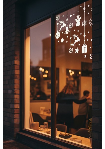 Sevimli Yıldızlar Geyikler Kar Taneleri ve Yılbaşı Vitrin Stickerları 70X70CM