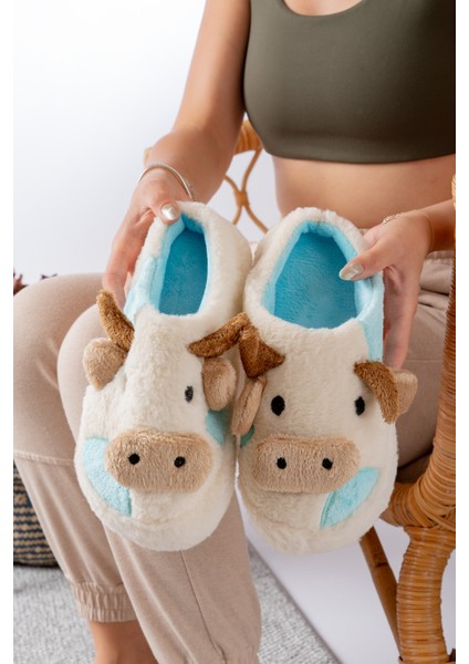 Kadın Öküz Figürlü Sessiz Taban Peluş Ev Terliği