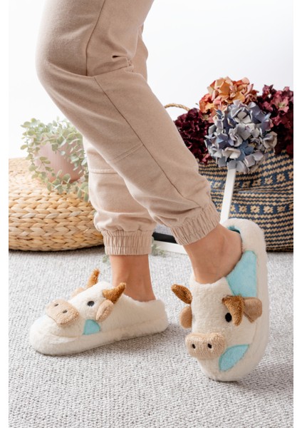 Kadın Öküz Figürlü Sessiz Taban Peluş Ev Terliği fiyatları