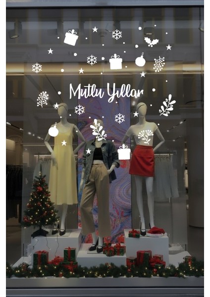 Mutlu Yıllar Yazısı Kar Taneleri ve Yılbaşı Ağacı Yapraklar Vitrin Stickerları fiyatları