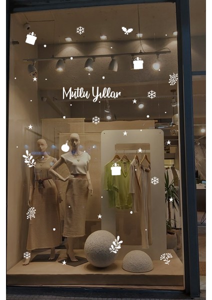 Mutlu Yıllar Yazısı Kar Taneleri ve Yılbaşı Ağacı Yapraklar Vitrin Stickerları fırsatları