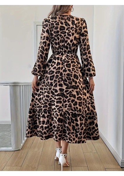 Uzun Kollu Bisiklet Yaka Leopar Desenli Midi Süprem Elbise indirimleri