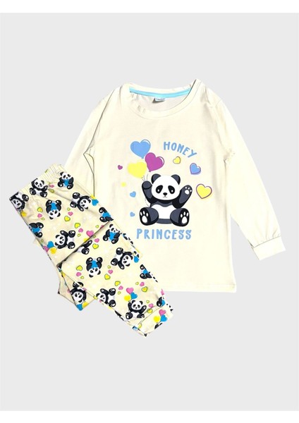 Kız Çocuk Pamuklu Sarı Panda Desenli Mevsimlik Uzun Kollu Pijama Takımı