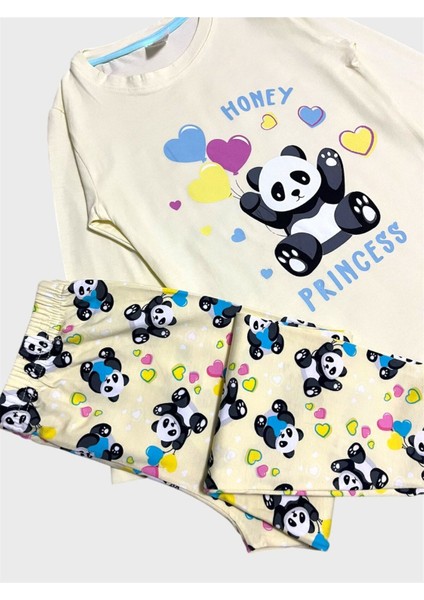 Kız Çocuk Pamuklu Sarı Panda Desenli Mevsimlik Uzun Kollu Pijama Takımı modelleri