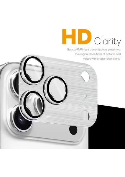 iPhone 17 Pro Uyumlu Çerçeveli Tam Koruma Gümüş Kamera Lens Koruyucu