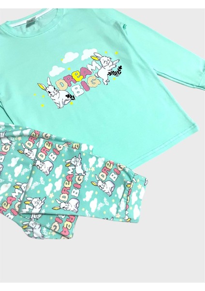 Kız Çocuk Pamuklu Su Yeşili Tavşan Bulut Desenli Mevsimlik Uzun Kollu Pijama Takımı fiyatları