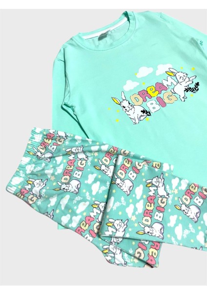 Kız Çocuk Pamuklu Su Yeşili Tavşan Bulut Desenli Mevsimlik Uzun Kollu Pijama Takımı modelleri