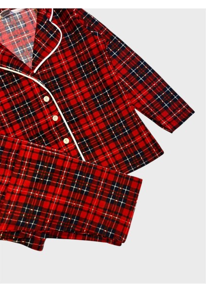 Kız Çocuk Pamuklu Süet Kumaş Kırmızı Ekose Desenli Uyku Bantlı Gömlek Yaka Düğmeli Pijama Takımı fiyatları
