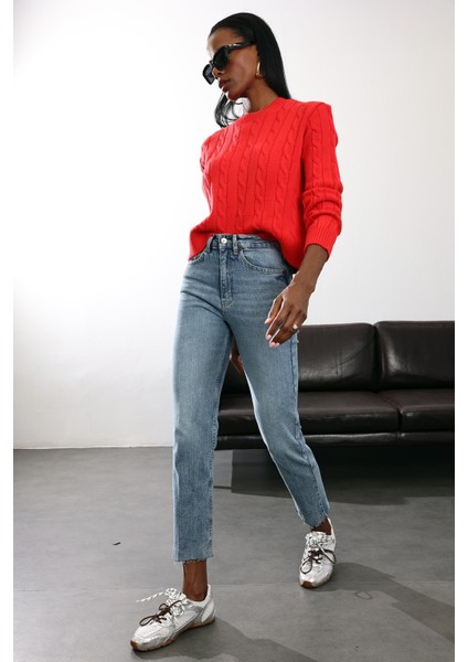 Eskitmeli Mavi Yüksek Bel Boyfit Jean