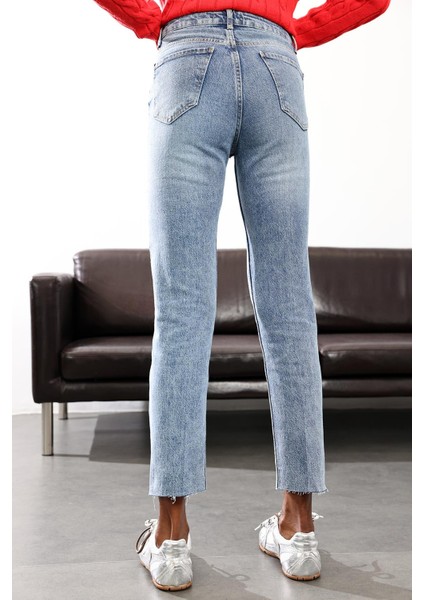 Eskitmeli Mavi Yüksek Bel Boyfit Jean