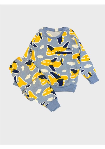 Erkek Çocuk Pamuklu Şardonlu Mavi Renk Uçak Desenli Uzun Kollu Kışlık Pijama Takımı