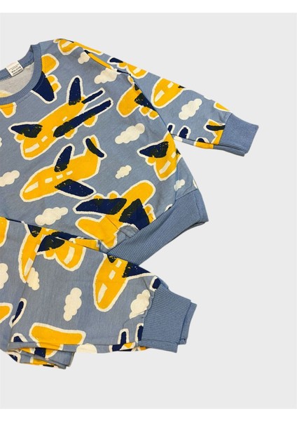 Erkek Çocuk Pamuklu Şardonlu Mavi Renk Uçak Desenli Uzun Kollu Kışlık Pijama Takımı fiyatları